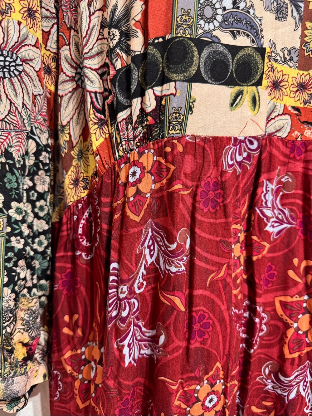 Burgandy Gigio by Umgee Mixed Print Tiered V-Neck Maxi Dress Patchwork Bohemian - Picture 3 of 11